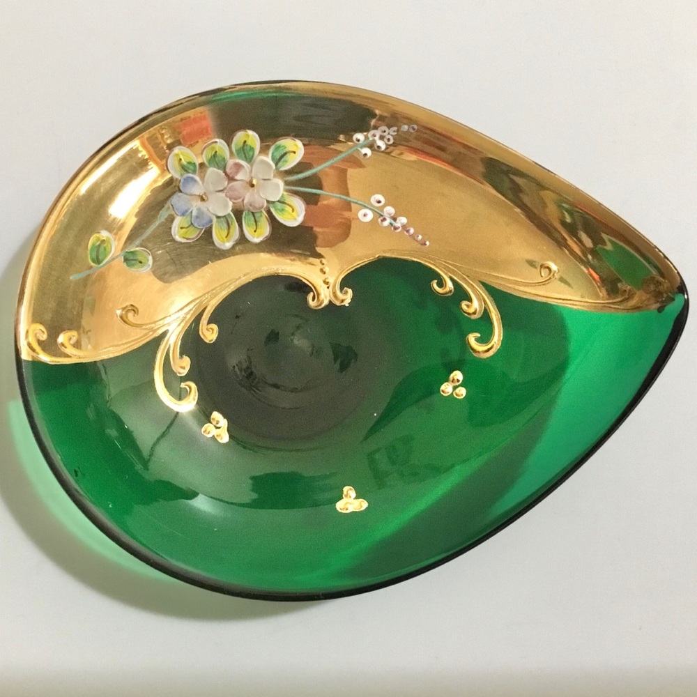 Vintage hand painted green glass with gold gilt